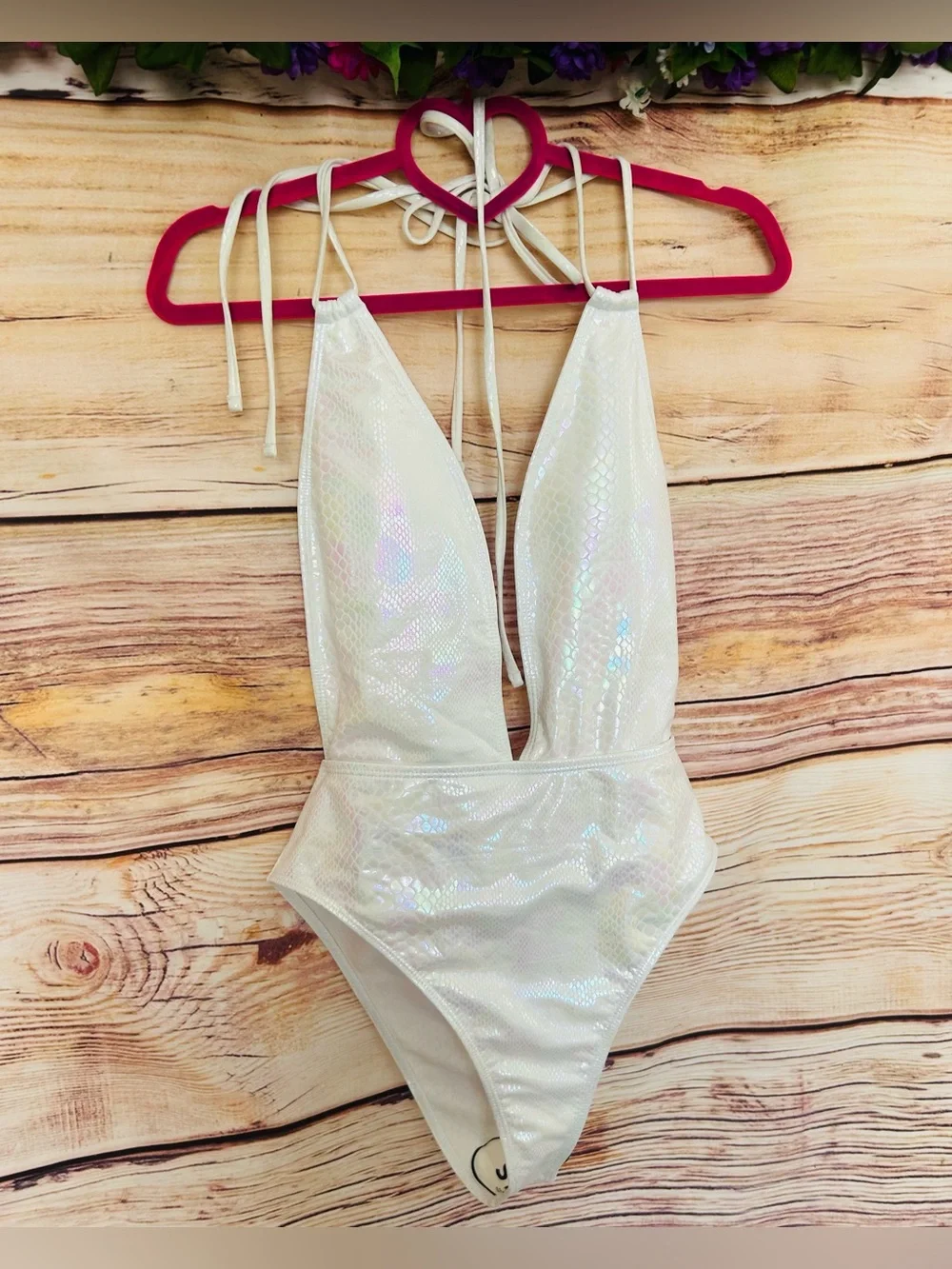 SHEIN White Snakeskin Print Iridescence Plunging One-Piece Swim Suit L NWT